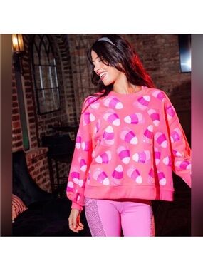 Queen Of Sparkles Halloween Candy Corn Crewneck Sweatshirt SZ XS Pink